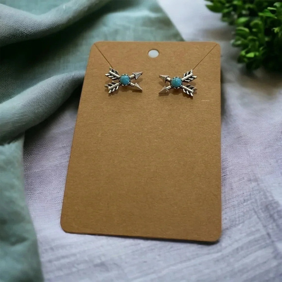 Bohemian Silver Turquoise Stone Arrow Stud Earrings - Picture 3 of 5